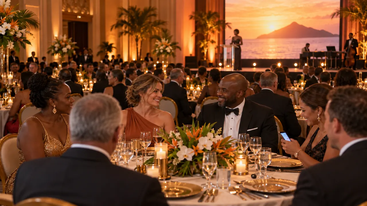Guests at a charity gala in a ballroom at sunset