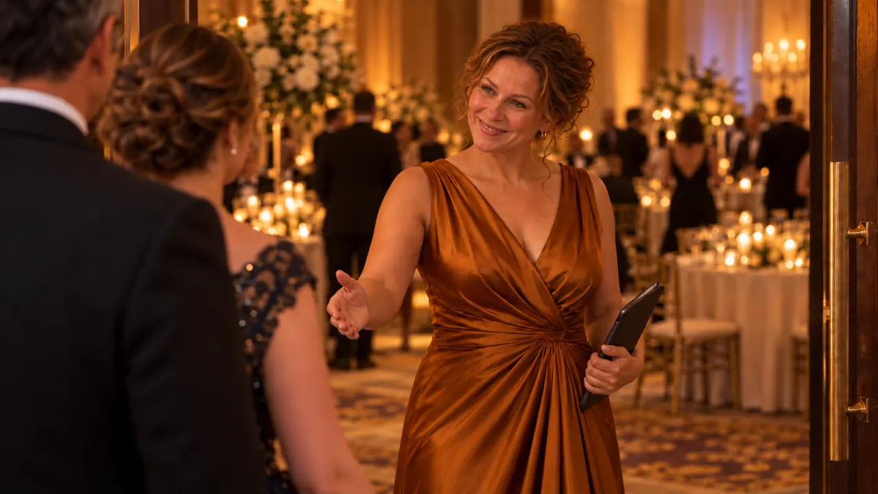 The same organiser smiling at the ballroom entrance as guests arrive