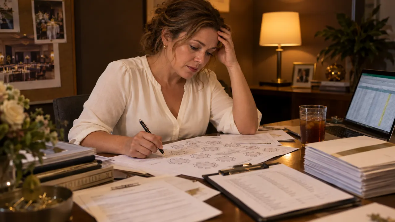 An event organiser late at night, working through seating charts and sponsor letters